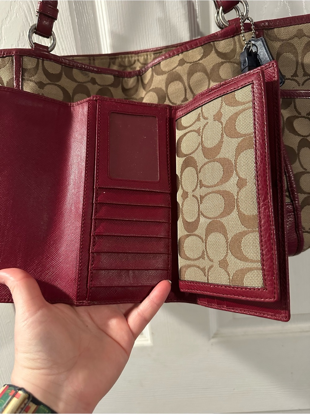 Coach Tan Signature Carrie Tote with Burgundy Leather Trim and Wallet - Picture 11 of 16